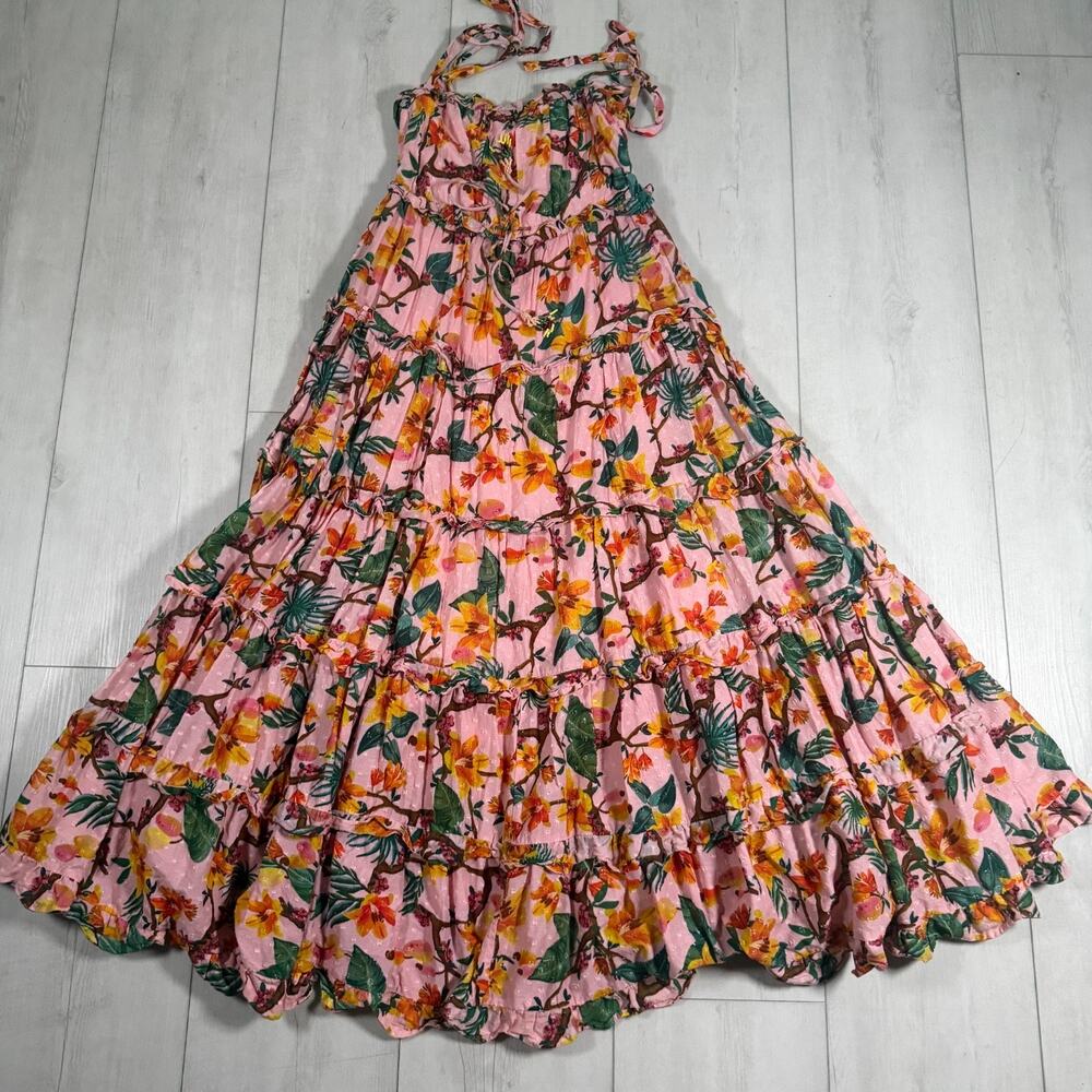 Farm Rio Size XS Colorful Square Neck Tiered Floral Dress Pink Anthropologie